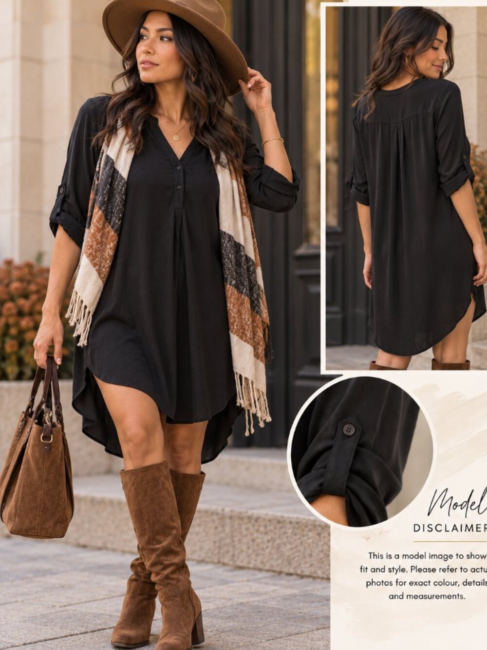 771 - Cupio Black High Low Tunic Blouse Roll Tab Sleeves V-Neck L
